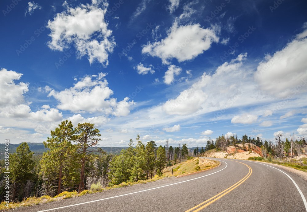 Scenic road with beautiful cloudscape, Bryce Canyon National Park, Utah, USA.