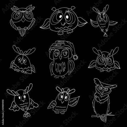 Fototapeta Naklejka Na Ścianę i Meble -  Set of nine funny owls