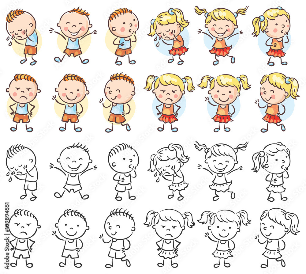 Set of boy and girl characters with different emotions