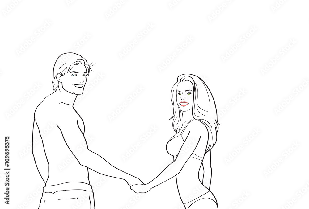 Couple In Swimwear Hold Hands, Man Woman Sketch Couple In Swimwear Hold Hands, Man Woman Sketch
