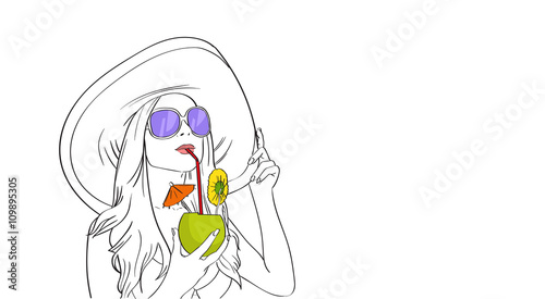 Woman In Hat Sunglasses Drink Cocktail Sketch