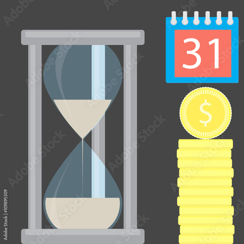 Money is time. Hourglass and golden coin stock