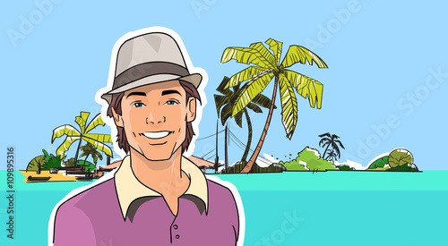 Man Smile Wear Hat On Beach Tropical Island © mast3r