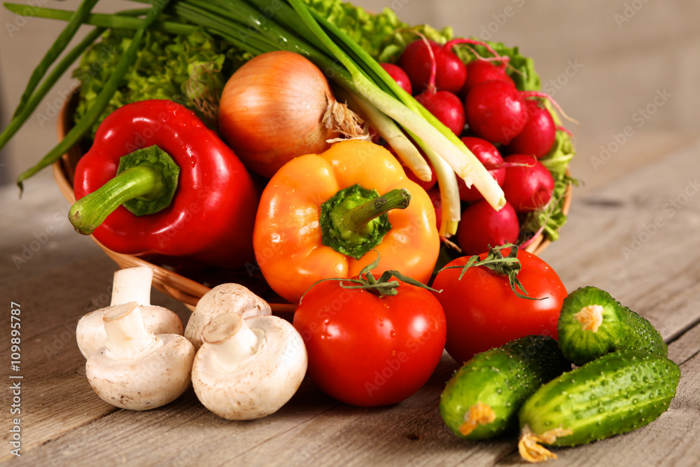 Vegetables . Fresh Bio Vegetable in a Basket. Over Nature Background