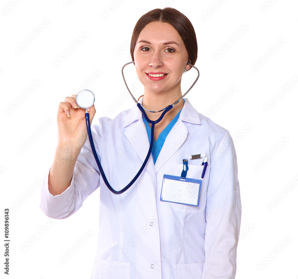 Happy smiling young beautiful female doctor showing blank area for sign or copyspace, isolated over white background Happy smiling young beautiful female doctor showing blank area for sign or copyspace, isolated over white background