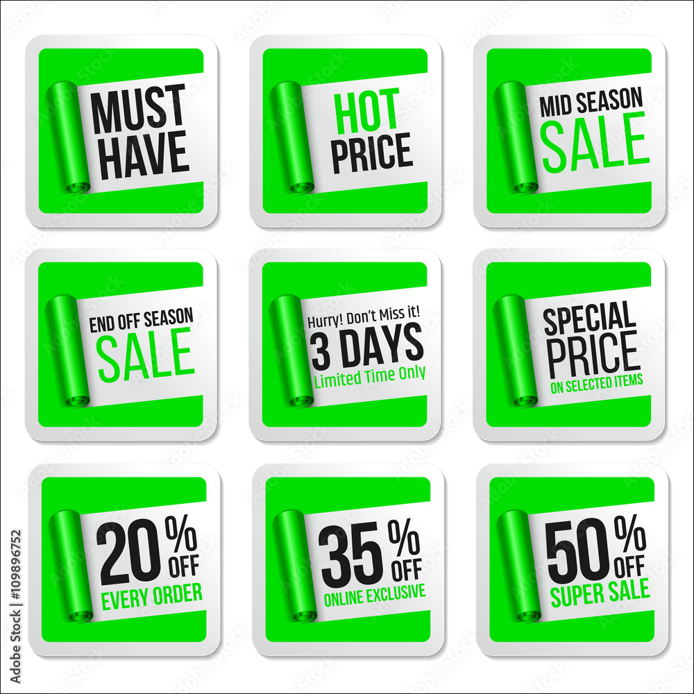 Promotional Sale Stickers Collection. Scroll Paper. Promotional Sale Stickers Collection. Scroll Paper.