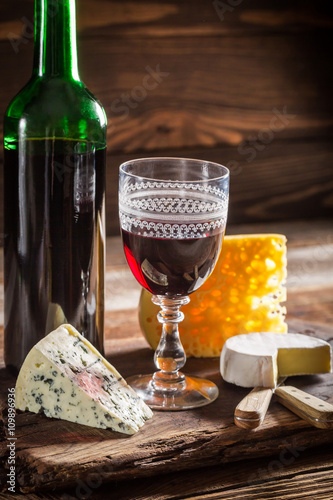 Fresh red wine with various kind of cheese