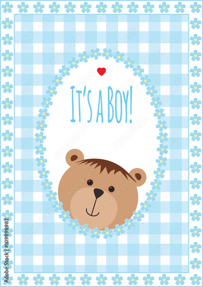 Greeting card with bears and flowers. Vector illustration. Baby boy arrival announcement card, shower card