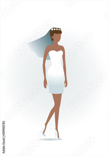 Beautiful Bride. African american woman. Silhouette with shadow. Female White wedding dress on mannequin isolated on white background. Vector