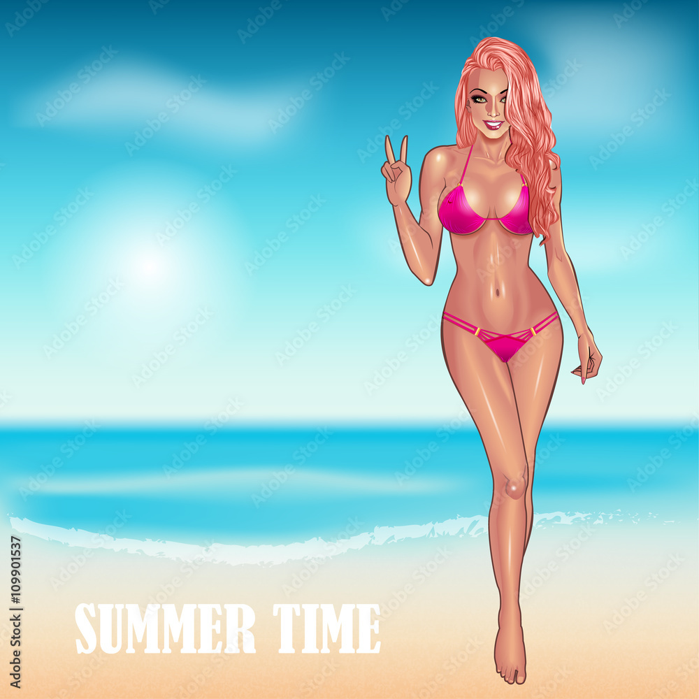 Beach girl. Summer girl. Bikini girl. Summer time, Beautiful young woman in purple bikini resting on the beach.