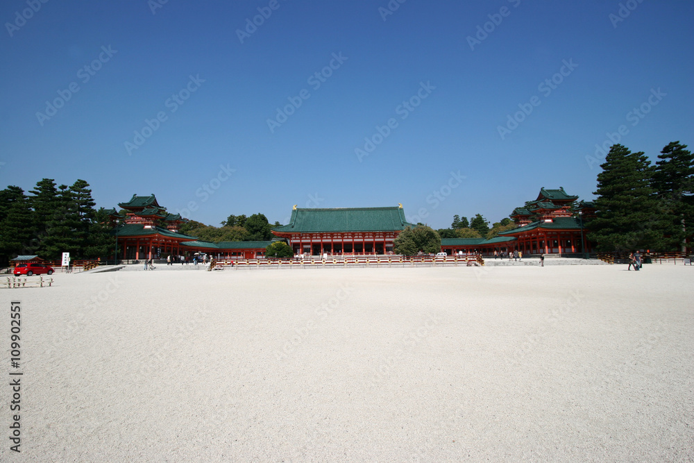 Ultra-wide angle view of the courtyard and main hall of Heian Shingu in Kyoto, Japan
