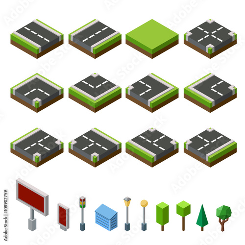  Flat 3d isometric street game tiles icons infographic concept set. City map elements and trees