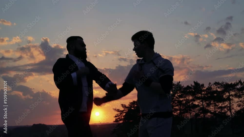The fighting of Wing Chun on perfect sunset near the river. 4k