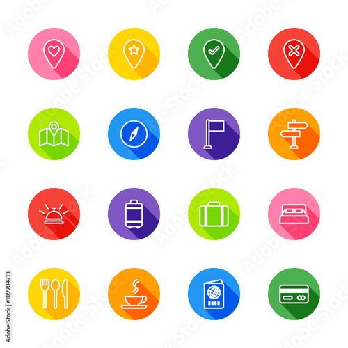 white line travel icon set on colorful circle with shadow for web design, user interface (UI), infographic and mobile application (apps)