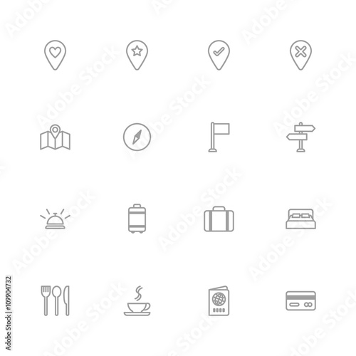 gray line travel icon set for web design, user interface (UI), infographic and mobile application (apps)