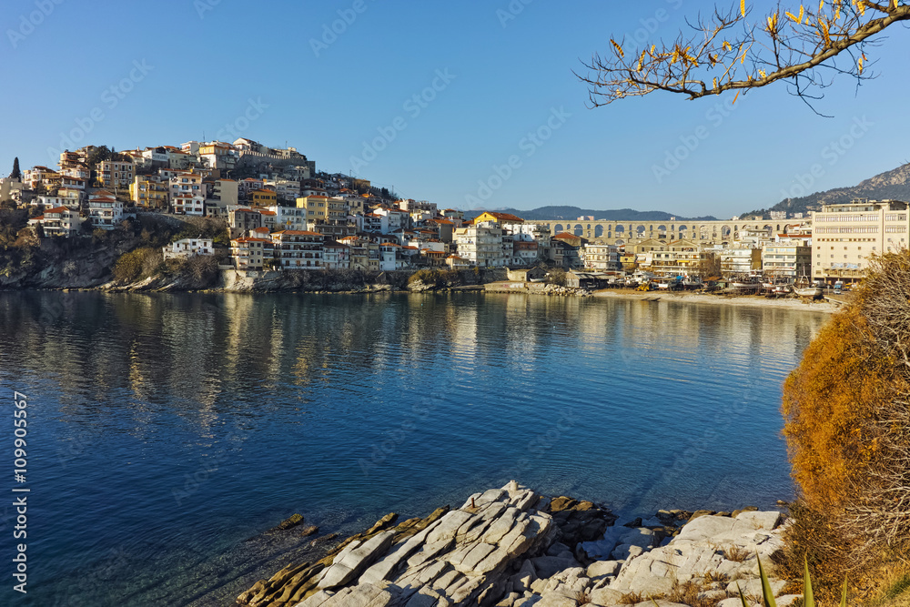 Morning view of aqueduct and old Old town of Kavala, East Macedonia and Thrace, Greece