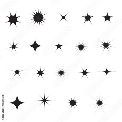Sparkles symbols, icons set, black isolated on white background, vector illustration.