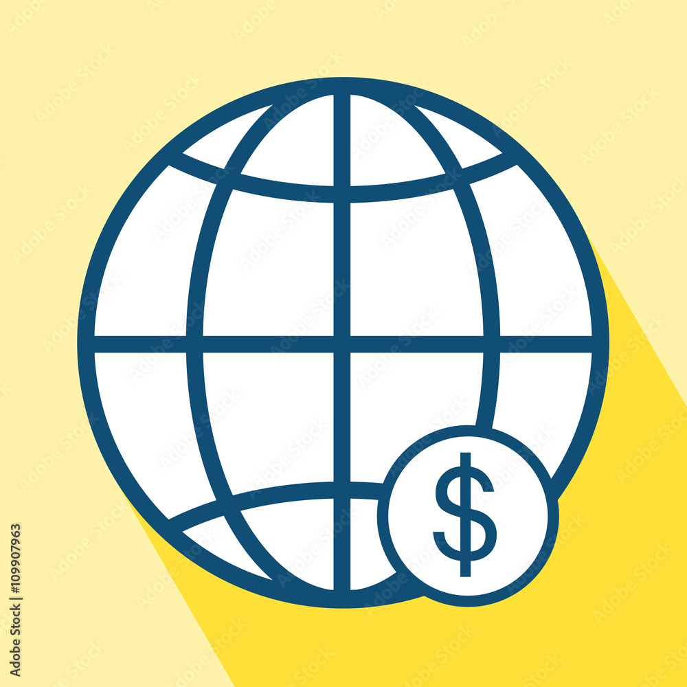 Globe Dollar icon. EPS 10 vector illustration for design. Economy icon on yellow background. Economy icon with Long Shadow. All in a single layer. Vector illustration. Elements for design. Globe Dollar icon. EPS 10 vector illustration for design. Economy icon on yellow background. Economy icon with Long Shadow. All in a single layer. Vector illustration. Elements for design.