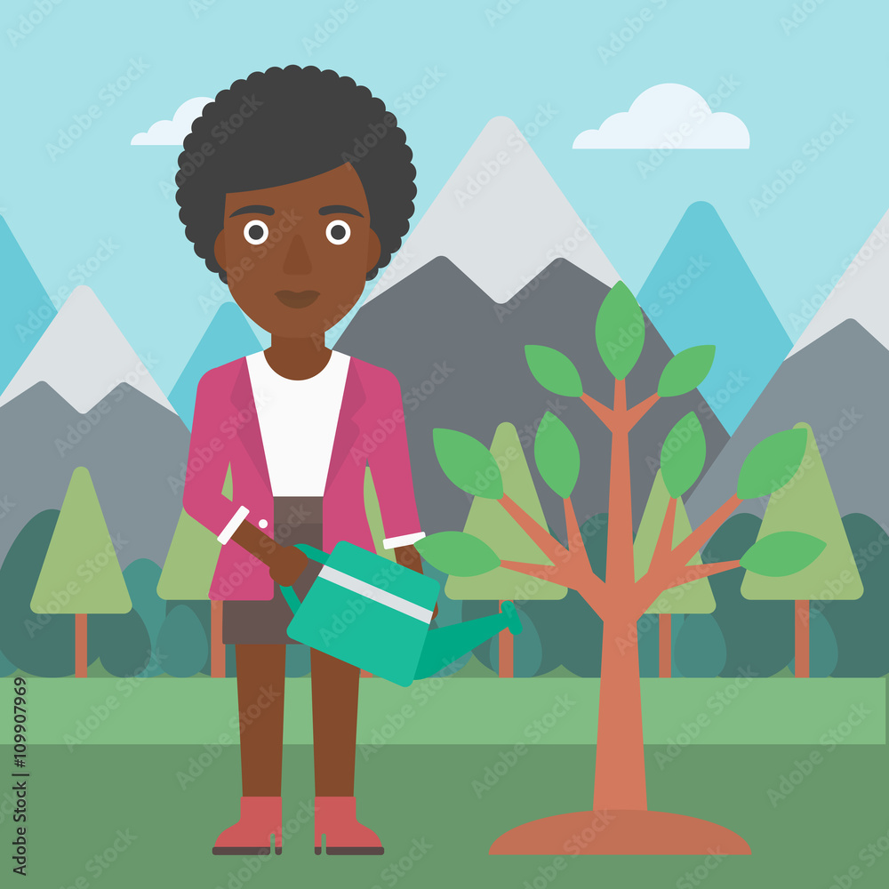 Woman watering tree with light bulbs. Woman watering tree with light bulbs.