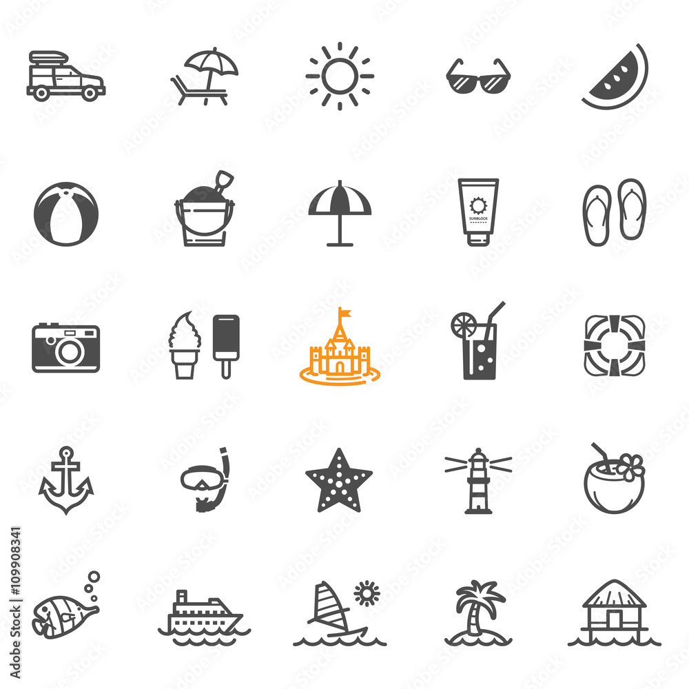 Summer Icons and Beach Icons with White Background