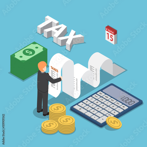 Isometric businessman calculate document for taxes with calculat