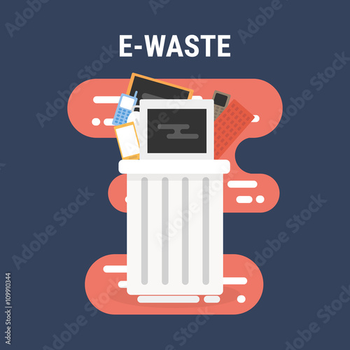 e-waste recycle bin, flat design.
