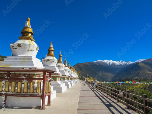 DEQING, YUNNAN CHINA - OCT 21 : Tibetan border, view point, stupas, the way to Deqing with Meili Snow Mountain Peak on October 21, 2015