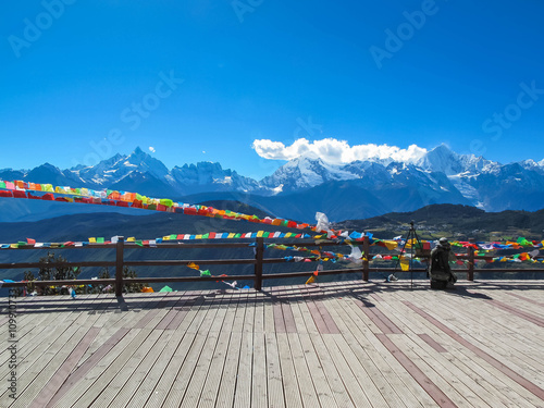 DEQING, YUNNAN CHINA - OCT 21 : Tibetan border, view point, stupas, the way to Deqing with Meili Snow Mountain Peak on October 21, 2015 photo