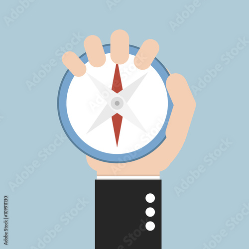 Business man holding compass, flat design, vector