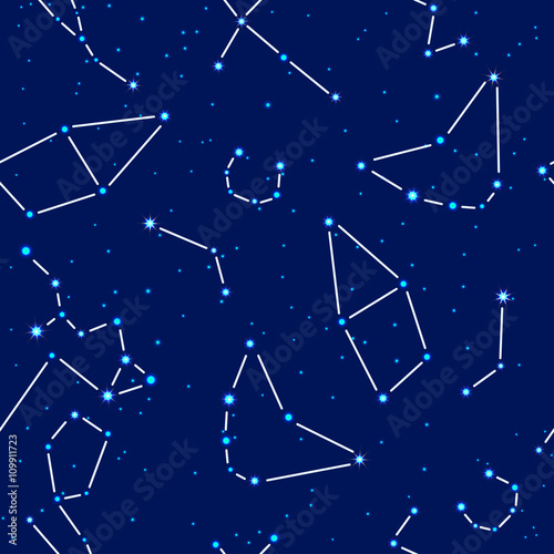 Vector seamless pattern. Space background night sky with the image of the constellations cepheus, capricornus, aquarius, aries, corona borealis, tayrus, cygnus, sagittarius, cassiopea