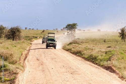 Safari cars move toward on dirt road in savanna on clouds of dust. Serengeti National Park  Tanzania  Africa.   