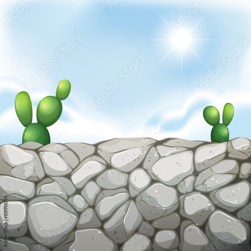 Scene with stone wall and cactus