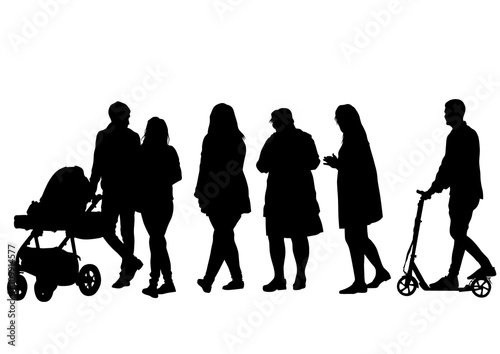 Families with child and carriage on white background