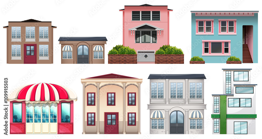 Different design of shops and houses