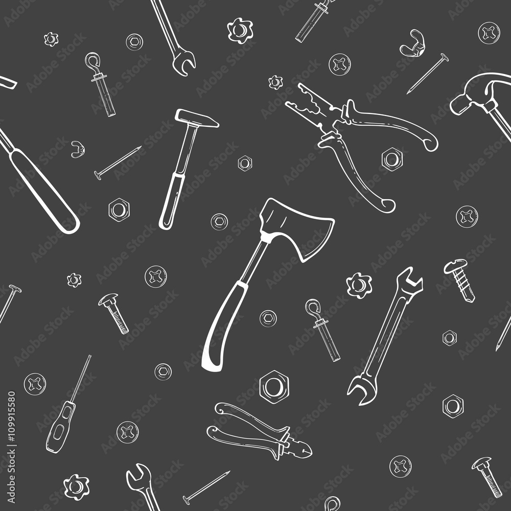 Naklejka premium Seamless two color pattern of building tools. Hammer, nail puller, pliers, screws, nails, nuts, bolts, wrenches. Construction tools for construction and repair. Vector hand drawn backdrop.