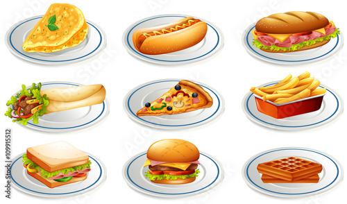 Set of fastfood on plates