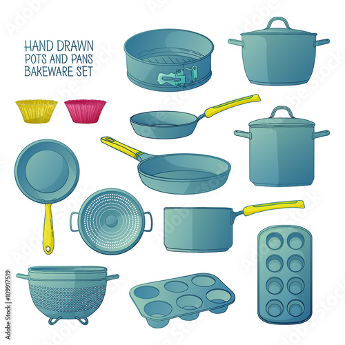 Cartoon kitchen utensils for baking. A set of dishes for baking: frying  pan, saucepan, a colander. Molds for cupcakes. Baking tools. Silhouettes  kitchenware. Vector Stock Vector | Adobe Stock