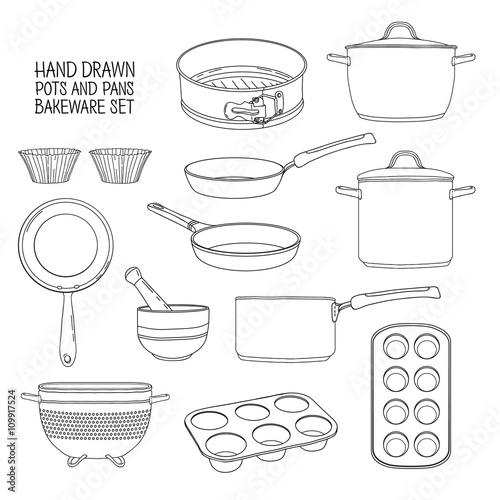 Kitchen utensils for baking. A set of dishes for baking: frying pan, saucepan, a colander. Molds for cupcakes. Silhouettes of utensils for cooking. Silhouettes kitchenware. Vector