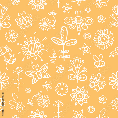 Cartoon summer floral seamless pattern. Glade with flowers and insects. Doodle style. Vector image. Butterflies, mosquitoes, dragonflies and bees.