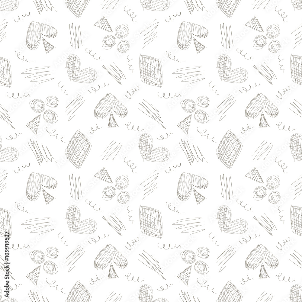 Seamless vector pattern with icons of playing cards and scribble on the white background. Series of Gamin, Gambling and Cartoon, Doodle, Sketch Seamless Patterns.
