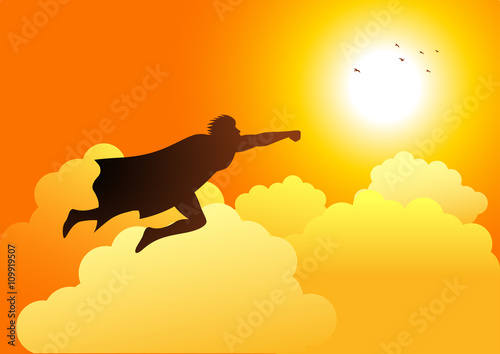 Superhero flying towards the sun