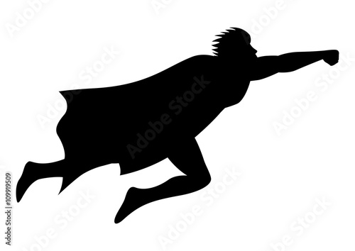 Cartoon silhouette of a superhero flying
