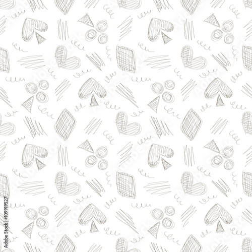 Seamless vector pattern with icons of playing cards and scribble on the white background. Series of Gamin, Gambling and Cartoon, Doodle, Sketch Seamless Patterns.