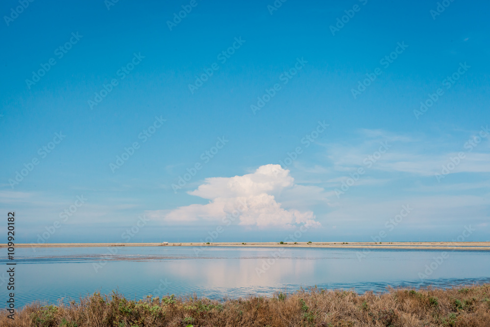 Blue sky with Cloud reflection with water in saline at Thailand. Landscape photograph.