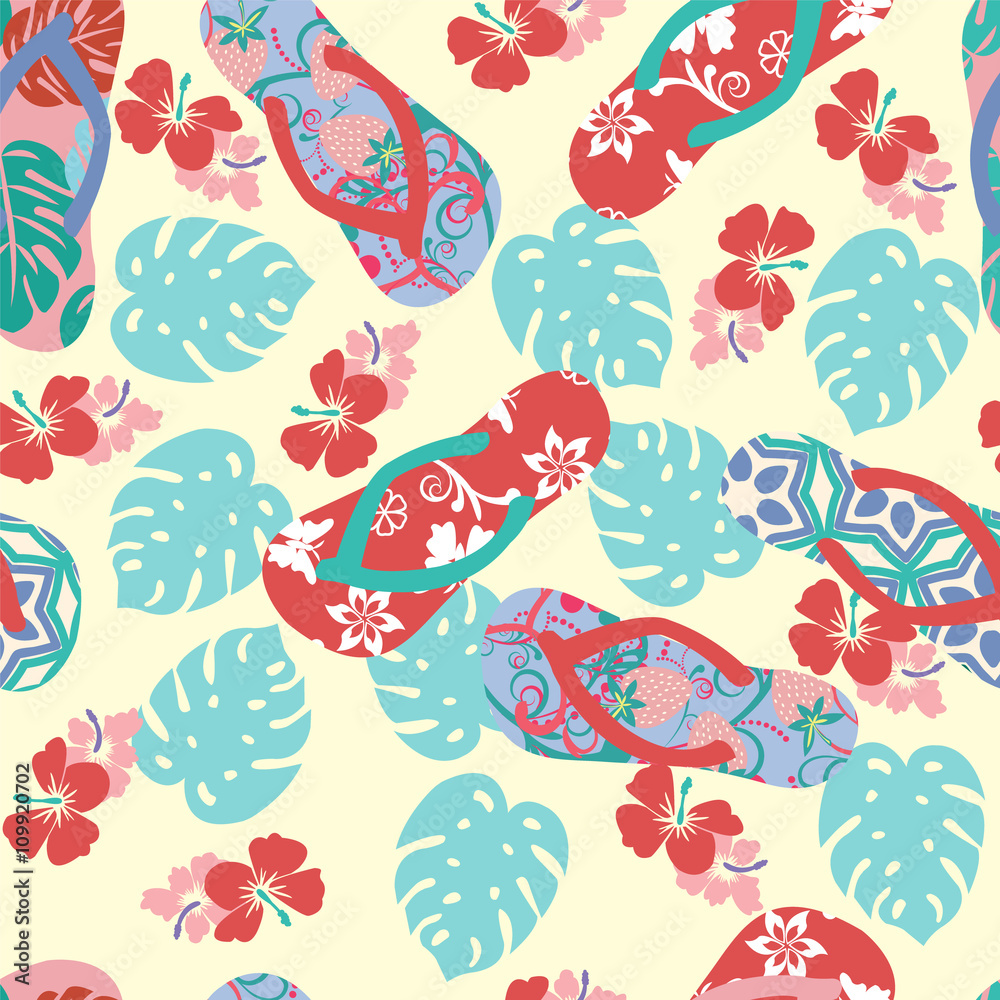 Obraz premium summer background with flower hibiscus and flip flops.