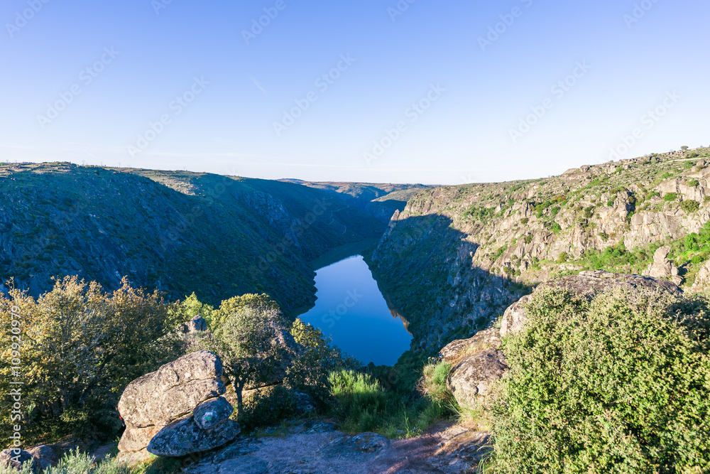 Landscape with river and cliffs in Arribes del Duero. Spain.