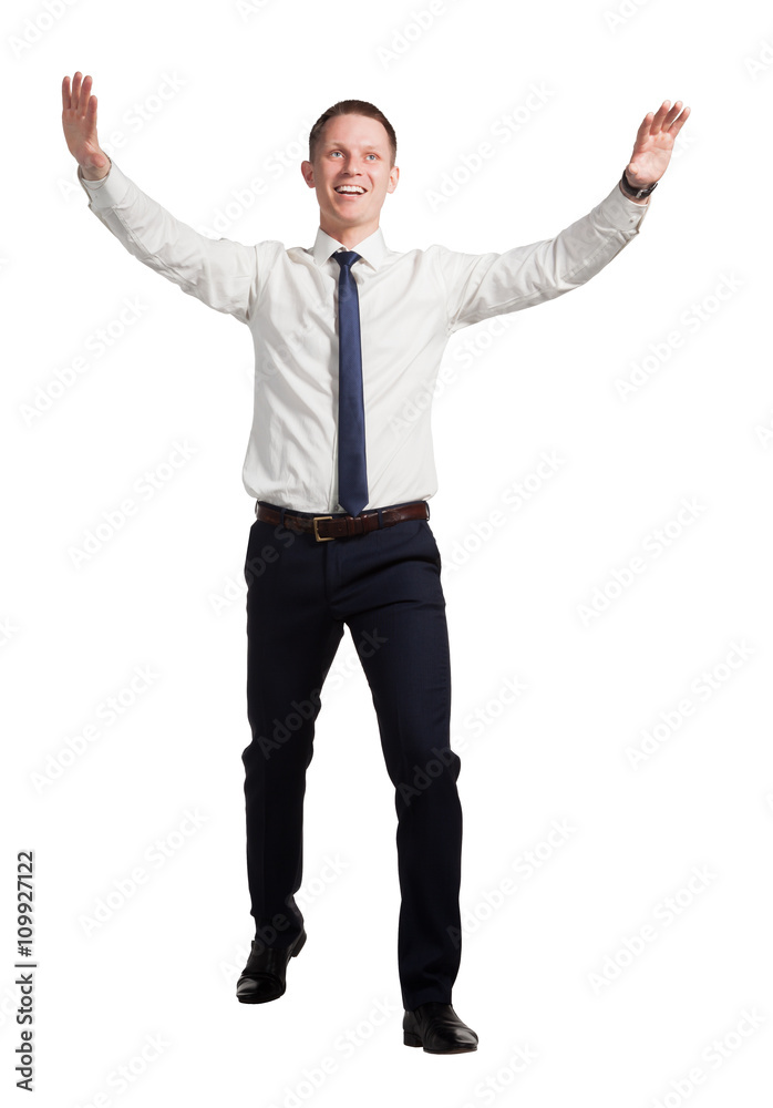 Successful businessman with upward hand - isolated on white Successful businessman with upward hand - isolated on white