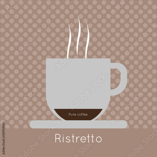A cup of coffee with steam, pure coffee and ristretto inscriptions, in outlines, over a brown background with dots, digital vector image