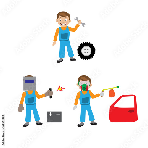 The repair of the car. The car service. Car mechanic, car painting, welding repairs of machinery and equipment. Diagnostics of the car. Vector illustration, flat design.