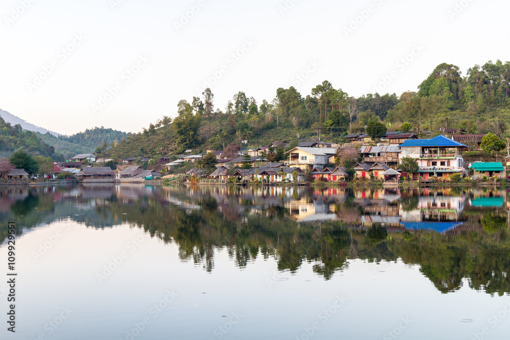 Countryside village and mountain reflection in northern Thailand